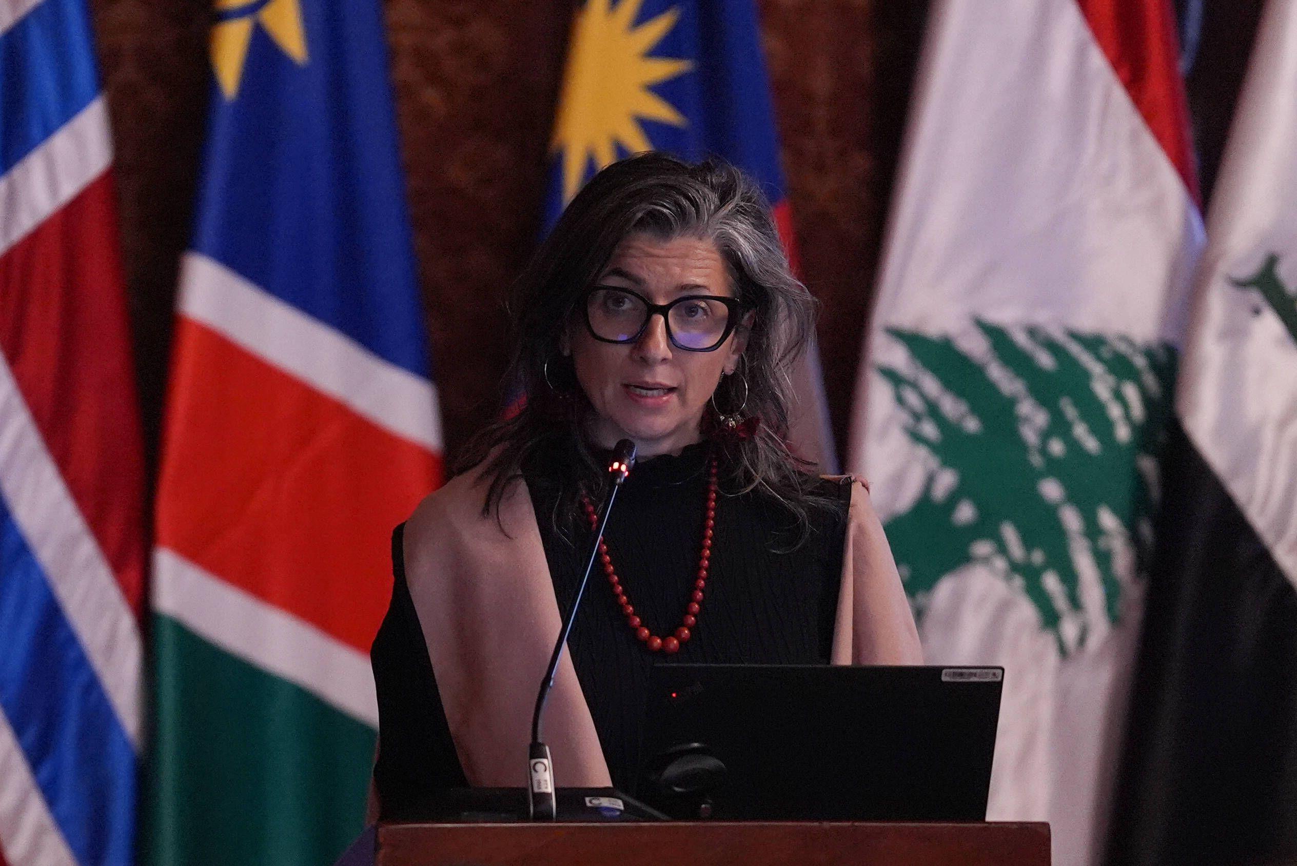 Francesca Albanese spricht zur Lage in Palästina auf der Dringlichkeitskonferenz der Haager Gruppe von Staaten in Bogotá, Kolumbien, 15. Juli 2025.