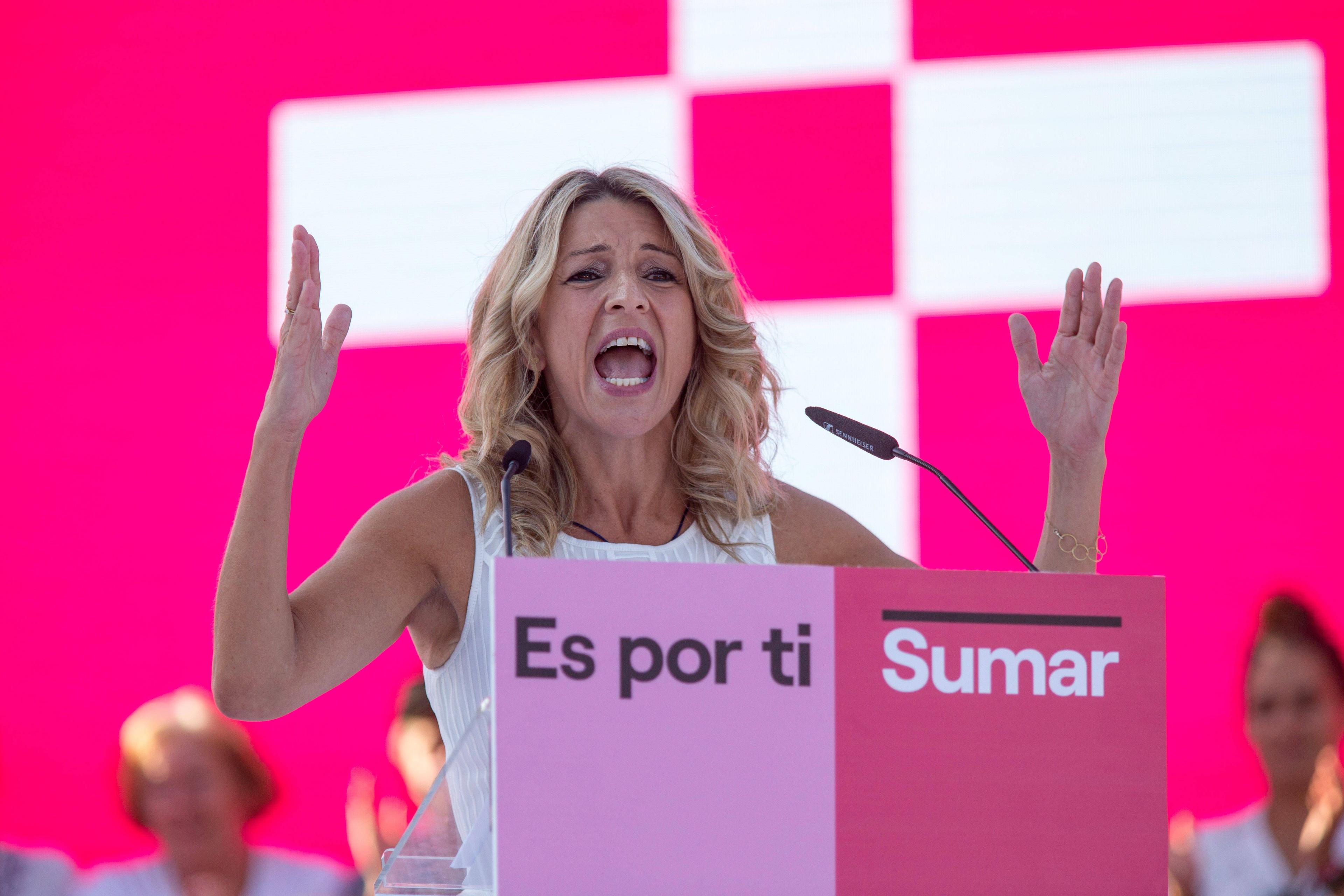 Die jetzige spanische Arbeitsministerin spricht auf einer Wahlkampfveranstaltung von ihrem Bündnis Sumar in Madrid, 21. Juli 2023.