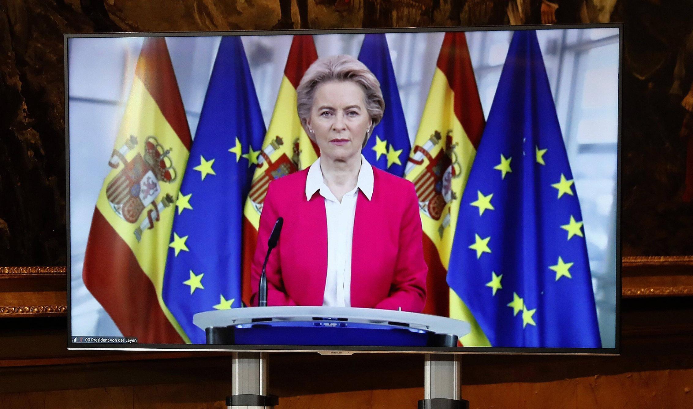 EU-Präsidentin Ursula von der Leyen bei einer Videokonferenz zum Wiederaufbauplan und dessen Verwendung in Spanien, 26. Oktober 2020.