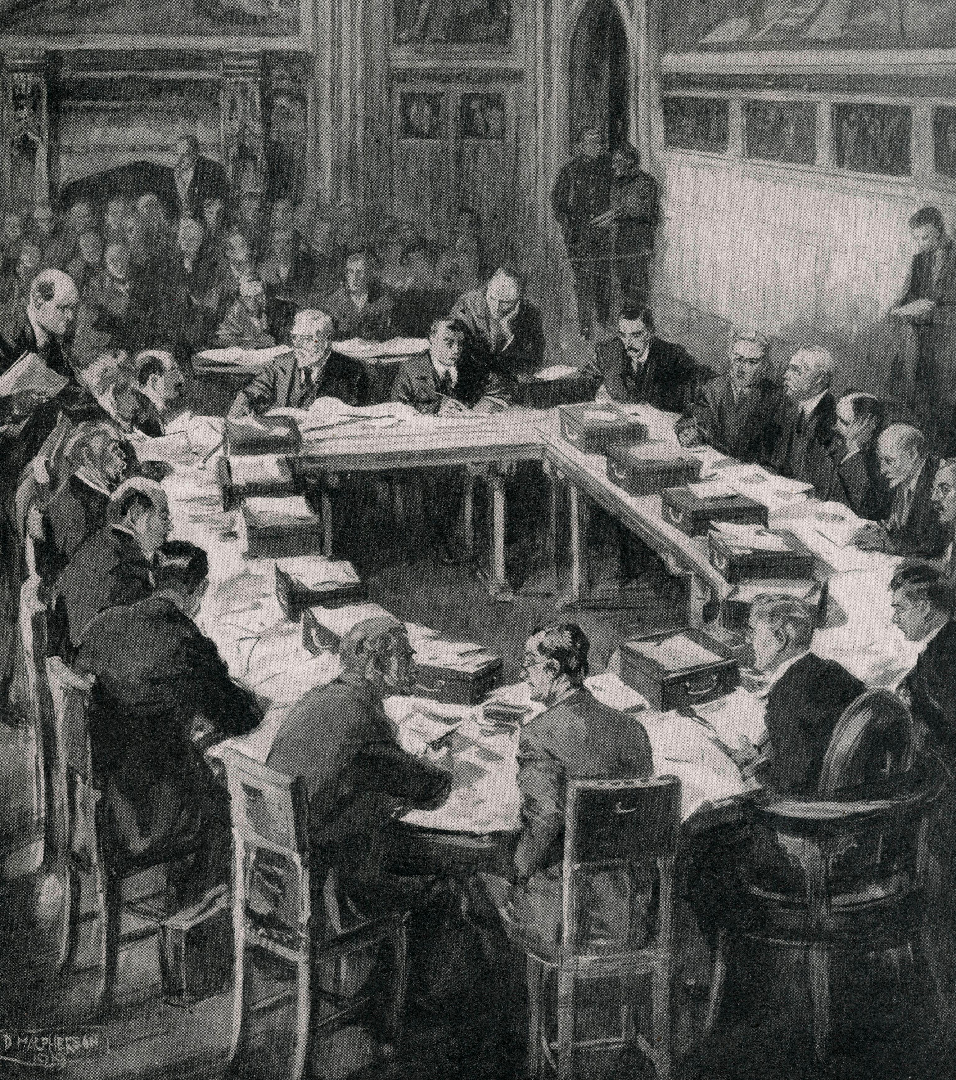 Die Sankey-Kommission zur Neuordnung der Kohlenindustrie, Illustration von der Titelseite der Zeitschrift »The Sphere« vom 15. März 1919.