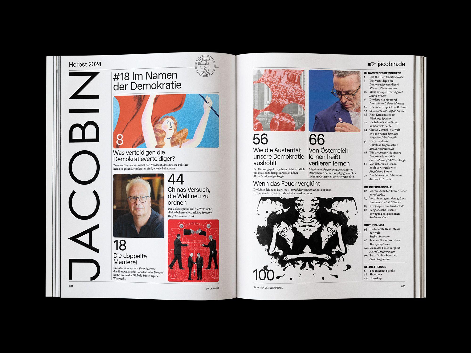 Doppelseite der JACOBIN Ausgabe #18 »Im Namen der Demokratie«