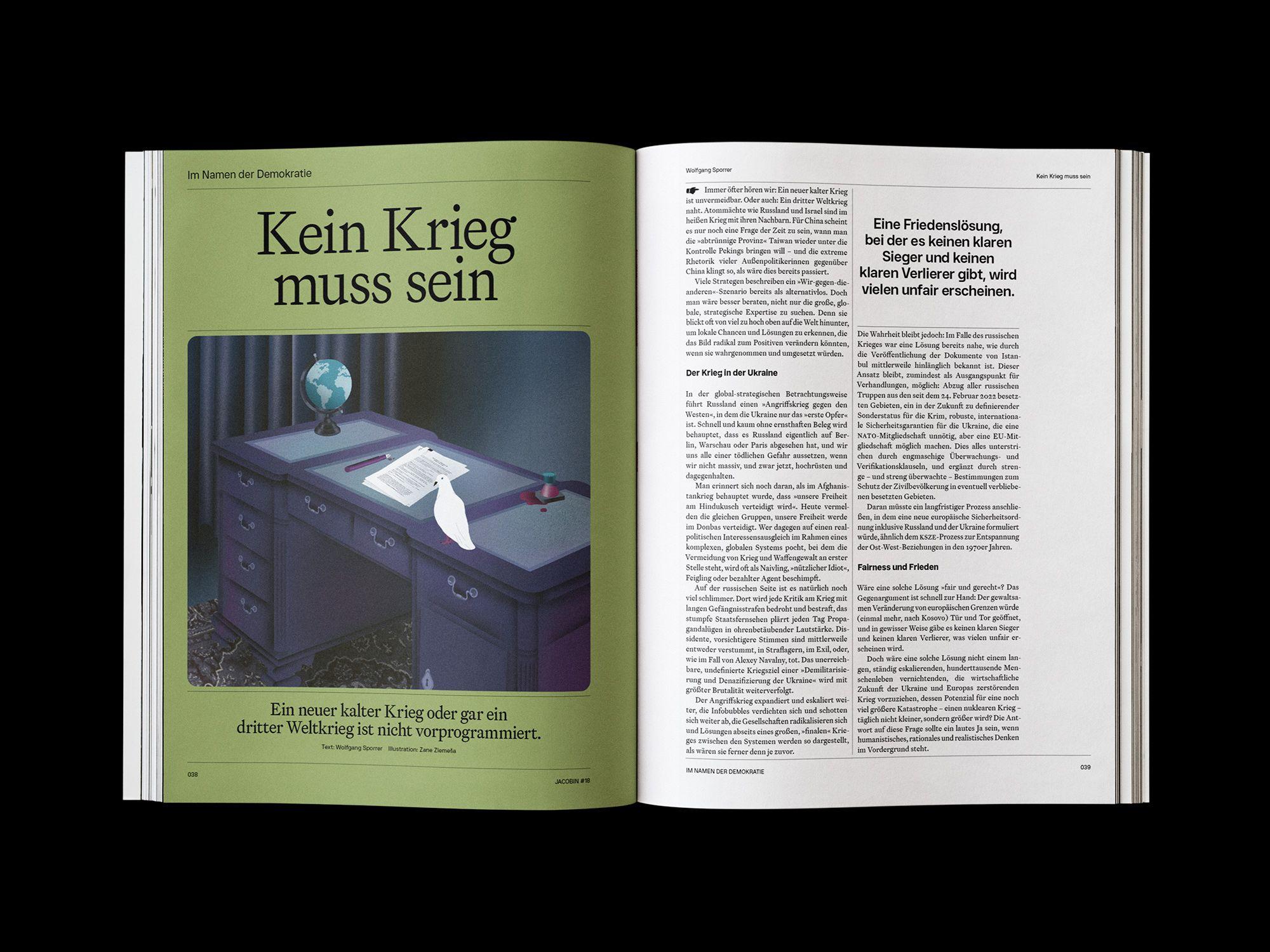 Doppelseite der JACOBIN Ausgabe #18 »Im Namen der Demokratie«