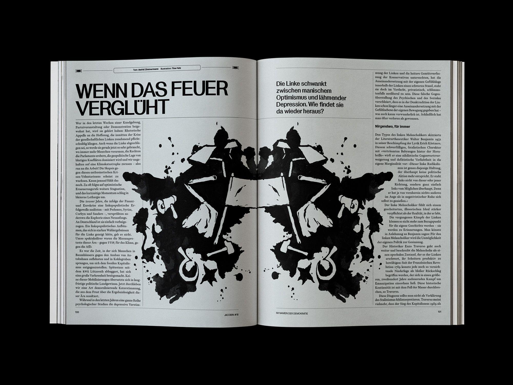 Doppelseite der JACOBIN Ausgabe #18 »Im Namen der Demokratie«