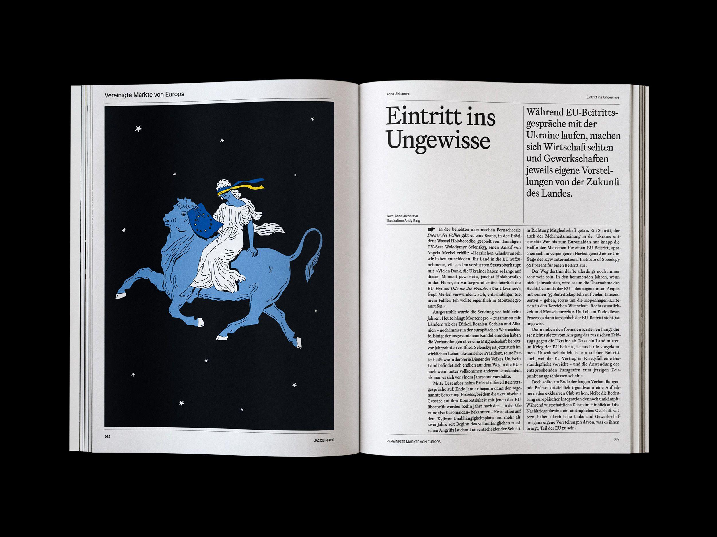 Doppelseite der JACOBIN Ausgabe #16 »Vereinigte Märkte von Europa«