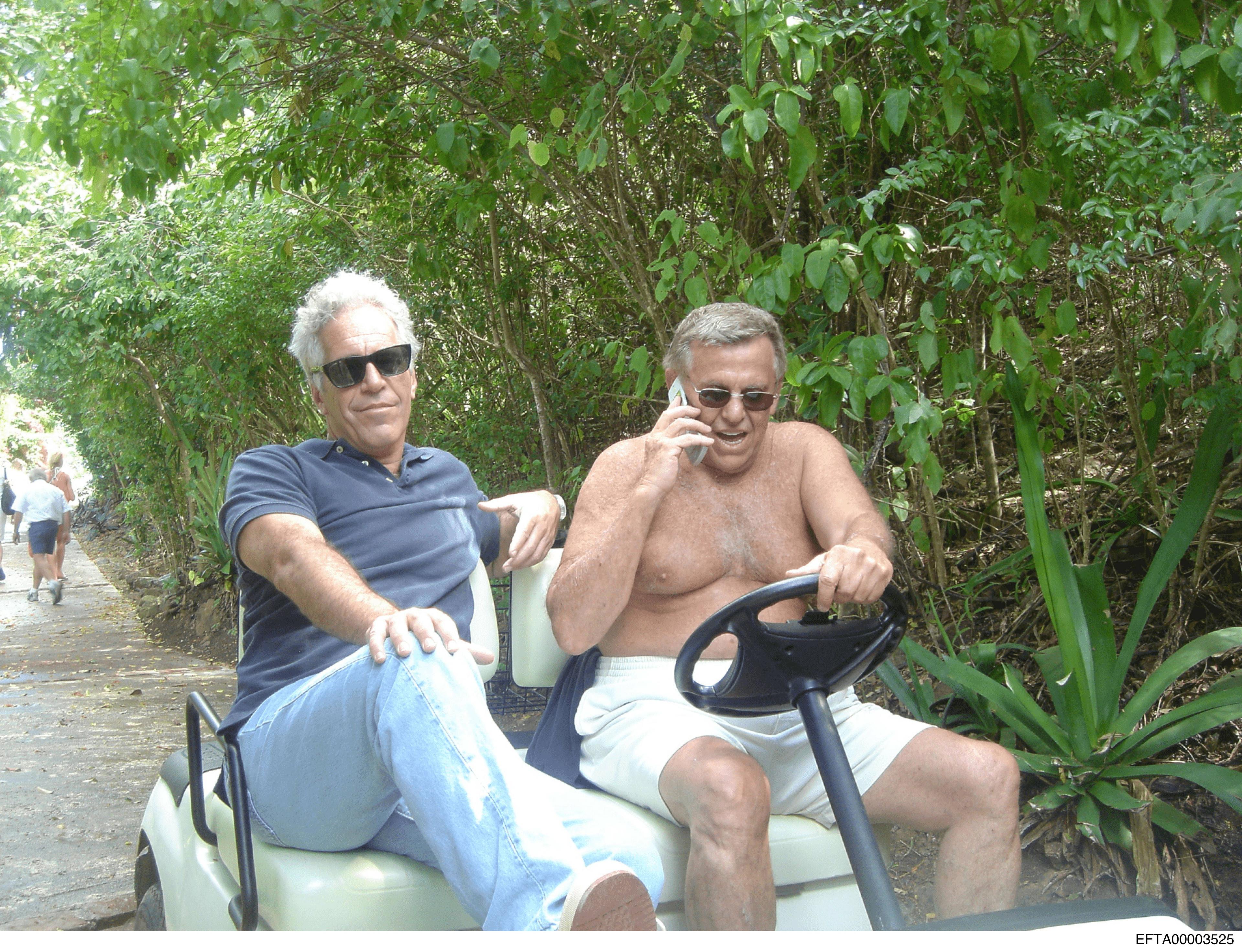 Ein Foto aus den Epstein-Files zeigt den Sexualstraftäter auf einem Golfwagen zusammen mit dem Investor und Träger des Bundesverdienstkreuzes Henry Jarecki.